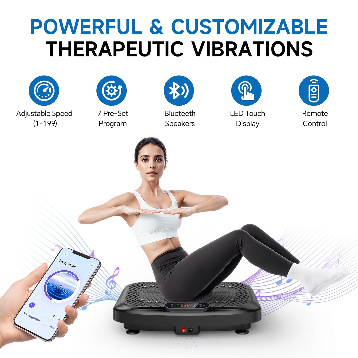 Vibration Plate Exercise Machine Weight Loss, Full Body Workout Vibration Plate Lymphatic Drainage, 199 Adjustable Speeds Power Shaping Waver Vibrating Plate 450 Lbs Capacity Fitness Platform Black